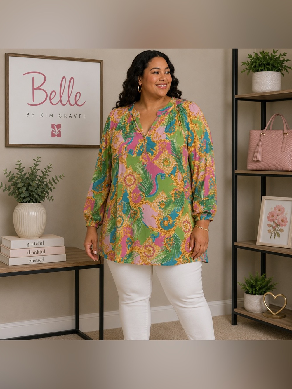 Belle by Kim Gravel Green Pink Multi-Color Printed Tunic Blouse (2X)